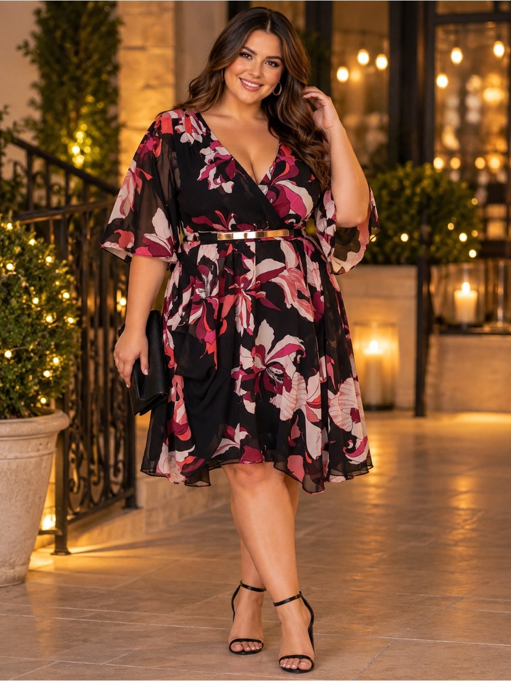 City Chic Black Floral Wrap Dress with Pink Accents